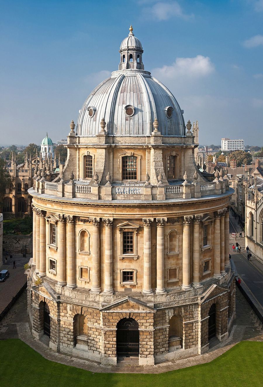 The domed Radcliffe Camera in Oxford, seen from above on a sunny day