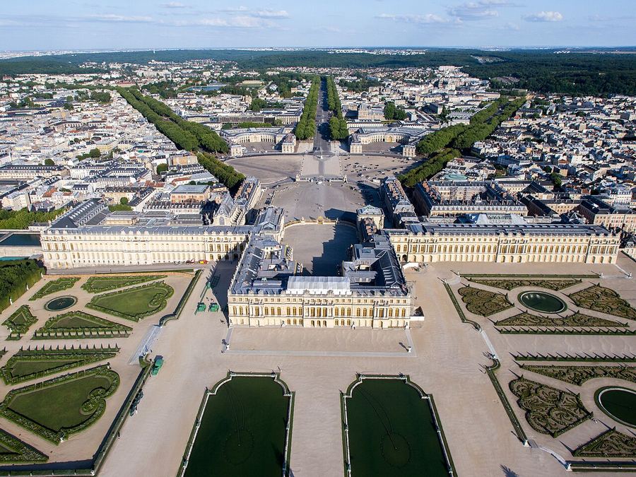 Aerial view of the formal gardens and parterres of the Palace of Versailles